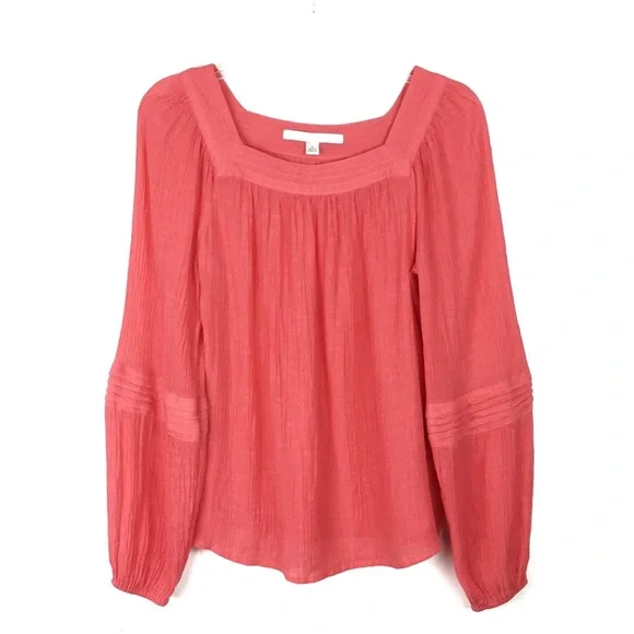 Womens Shirt Size Small Lauren Conrad Coral Sheer Crepe Square Neck Long Sleeves - Picture 2 of 6